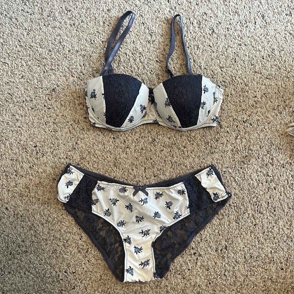 ANTHROPOLOGIE Blush Floral Embroidered Lace Bra +  Bikini Lingerie Set | NWOT